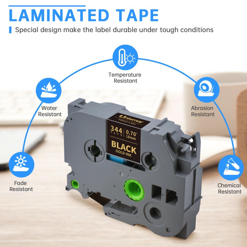 Unismar Compatible for Brother TZe-344 TZ344 TZ 18mm 0.7 Laminated Gold on Black Label Tape for Brother Ptouch PTD400AD PTD400VP PT-D600 PT-P700 PT-P900W Label Maker Tapes, 3/4 in x 26.2ft, 2-Pack - Image 3